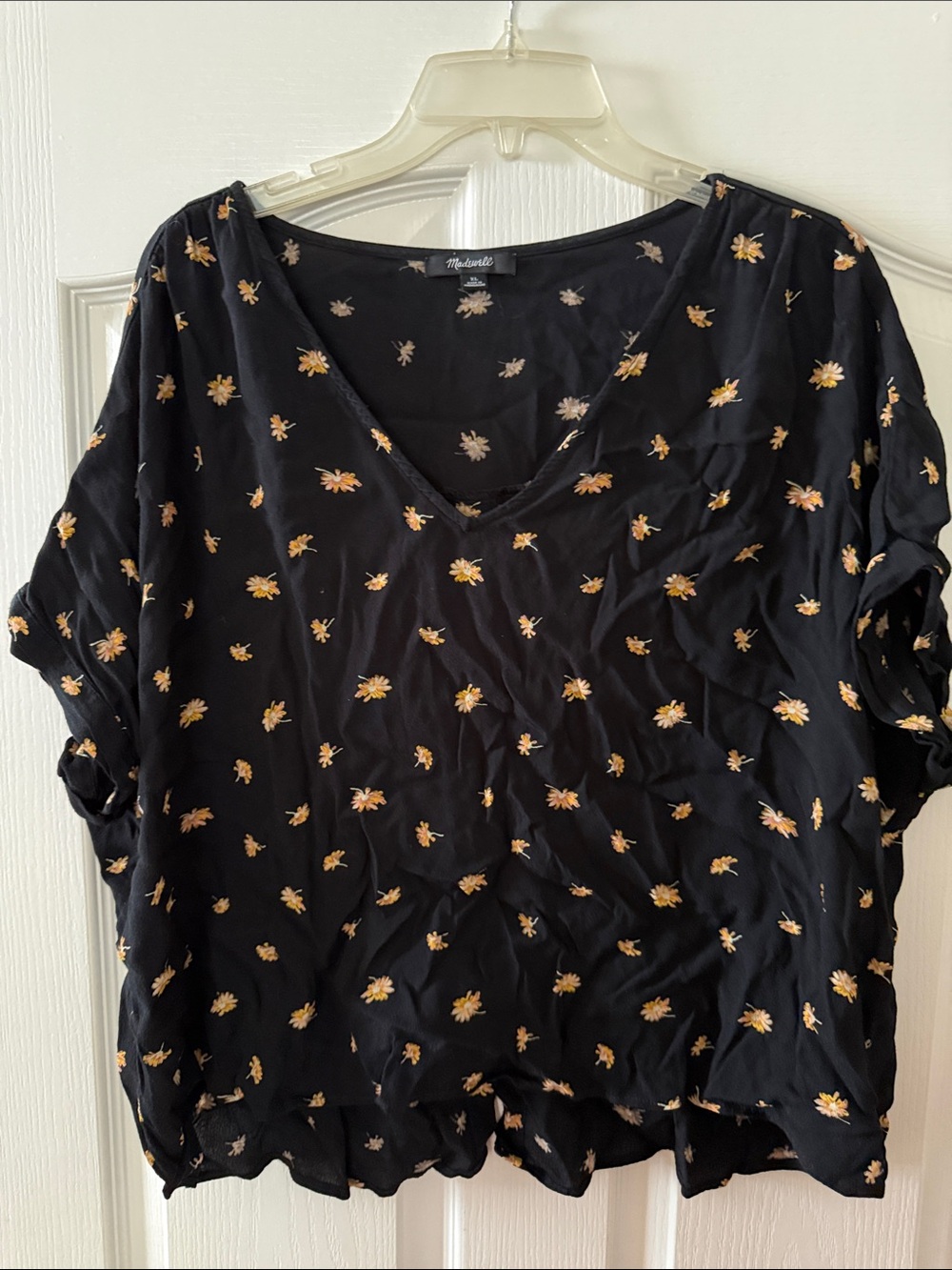 Madewell Black V-Neck Blouse with Small Yellow Floral Print